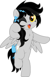 Size: 3249x5000 | Tagged: safe, alternate version, artist:jhayarr23, imported from derpibooru, oc, oc only, oc:lightning dee, pegasus, pony, :3, bipedal, bow, butt fluff, chest fluff, colored sclera, commission, dyed mane, eyeshadow, fangs, female, hair bow, kitty face, looking at you, makeup, mare, one eye closed, open mouth, raised hoof, raised leg, simple background, solo, spread wings, tail, tail bow, transparent background, wings, wink, ych result