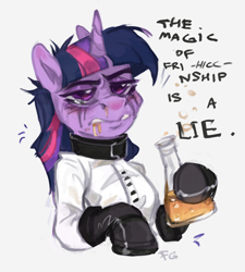 Size: 1710x1899 | Tagged: safe, artist:feelinnglad, imported from derpibooru, twilight sparkle, unicorn, .mov, alcohol, beer, blushing, clothes, crying, drunk, drunk twilight, pony.mov, simple background, solo