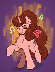 Size: 2132x2744 | Tagged: safe, artist:witchtaunter, imported from derpibooru, oc, pony, unicorn, 50s, bow, chest fluff, commission, cute, dancing, ear fluff, happy, music notes, simple background, smiling, solo, tail, tail bow