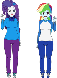 Size: 1060x1457 | Tagged: safe, artist:ardoplasma41, artist:neoduelgx, imported from derpibooru, rainbow dash, rarity, human, equestria girls, clothes, duo, female, height difference, humanized, kisekae, lesbian, pants, raridash, shipping, shirt, shoes, simple background, sneakers, sweater, t-shirt, transparent background, waving