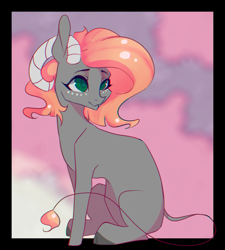 Size: 901x1000 | Tagged: safe, artist:minckies, imported from derpibooru, oc, oc only, goat, goat pony, pony, abstract background, horns, looking back, ram horns, smiling, solo