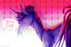 Size: 3000x2000 | Tagged: safe, artist:prettyshinegp, imported from derpibooru, oc, oc only, pony, unicorn, abstract background, adam's apple, angry, horn, injured, leg fluff, looking back, scar, signature, solo, sternocleidomastoid, stitches, talking, thin, unicorn oc