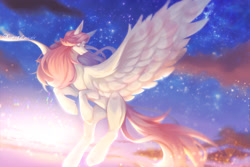 Size: 1600x1067 | Tagged: safe, artist:prettyshinegp, imported from derpibooru, oc, oc only, pegasus, pony, female, flying, looking back, mare, pegasus oc, solo, spread wings, stars, twilight (astronomy), wings