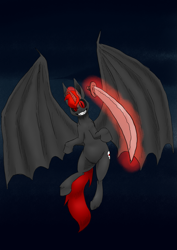 Size: 905x1280 | Tagged: safe, artist:darkhestur, imported from derpibooru, oc, oc only, oc:edgelord666, alicorn, alicorn oc, black sclera, cringe oc, dragon wings, fangs, flying, horn, katana, magic, simple background, skull cutie mark, slit pupils, smiling, solo, sword, weapon, wings