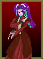 Size: 2975x4092 | Tagged: safe, artist:lennondash, imported from derpibooru, aria blaze, equestria girls, avatar the last airbender, blade, clothes, clothes swap, crossover, female, frame, gradient background, lidded eyes, looking at you, mai, red background, solo