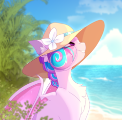 Size: 2204x2160 | Tagged: safe, artist:elektra-gertly, imported from derpibooru, oc, oc only, oc:sweetie swirl, bat pony, pony, bat pony oc, beach, commission, eye clipping through hair, grin, hat, high res, looking up, male, not flurry heart, ocean, partially open wings, smiling, solo, stallion, sun hat, water, wings