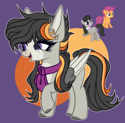 Size: 3896x3824 | Tagged: safe, artist:justsadluna, imported from derpibooru, octavia melody, scootaloo, oc, earth pony, pegasus, pony, abstract background, bowtie, clothes, colored hooves, colored wings, eyelashes, female, filly, foal, magical lesbian spawn, mare, oc focus, offspring, parent:octavia melody, parent:scootaloo, parents:scootavia, pegasus oc, scarf, smiling, solo focus, two toned wings, wings