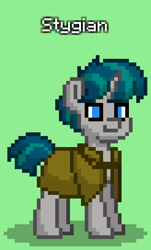 Size: 492x816 | Tagged: safe, imported from derpibooru, stygian, pony, unicorn, pony town, cloak, clothes, green background, male, simple background, solo, stallion