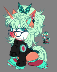 Size: 2752x3432 | Tagged: safe, artist:justsadluna, imported from derpibooru, oc, oc only, pony, unicorn, pony town, bow, clothes, duo, eyelashes, female, glasses, gray background, hair bow, headphones, horn, leg warmers, mare, pixel art, raised hoof, simple background, sweater, unicorn oc