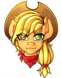 Size: 3277x4096 | Tagged: safe, artist:elusivepurple, imported from derpibooru, applejack, earth pony, pony, :3, bust, eye clipping through hair, eyebrows, eyebrows visible through hair, looking at you, neckerchief, portrait, smiling, solo