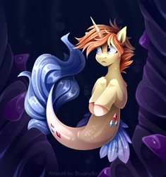 Size: 2485x2642 | Tagged: safe, artist:buvanybu, imported from derpibooru, oc, oc only, seapony (g4), unicorn, bubble, cloven hooves, commission, crepuscular rays, digital art, dorsal fin, fin, fish tail, flowing mane, flowing tail, gem, glow, horn, male, mermay, ocean, red mane, seaponified, solo, species swap, stallion, swimming, tail, underwater, unicorn oc, water