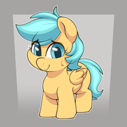 Size: 2000x2000 | Tagged: safe, alternate version, artist:quarantinedchaoz, imported from ponybooru, oc, oc only, oc:boxfilly, pegasus, pony, drawthread, female, filly, foal, smiling, solo, sweat, sweatdrop