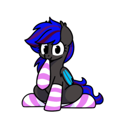 Size: 800x800 | Tagged: safe, artist:sugar morning, imported from derpibooru, oc, oc only, oc:ebony rose, bat pony, animated, clothes, commission, cute, ear tufts, emanata, fangs, female, gif, looking at you, mouth hold, ocbetes, one eye closed, simple background, sitting, smiling, socks, solo, sparkles, spread wings, striped mane, striped socks, striped tail, sugar morning's sockies, tail, transparent background, two toned mane, two toned tail, wings, wink, winking at you, ych result