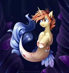 Size: 1862x1979 | Tagged: safe, artist:buvanybu, imported from derpibooru, oc, oc only, seapony (g4), unicorn, bubble, cloven hooves, commission, crepuscular rays, digital art, dorsal fin, fin, fish tail, flowing mane, flowing tail, gem, glow, high res, horn, male, mermay, ocean, red mane, seaponified, solo, species swap, stallion, swimming, tail, underwater, unicorn oc, water