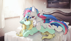Size: 4365x2533 | Tagged: safe, imported from derpibooru, oc, oc:lucent starscape, oc:rain string, oc:星夜流光, oc:雨瑟琴弦, alicorn, pony, unicorn, alicorn oc, bed, bedroom, horn, looking at each other, looking at someone, unicorn oc, window, wings