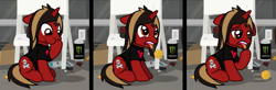 Size: 3793x1245 | Tagged: safe, artist:lightningbolt, derpibooru exclusive, imported from derpibooru, pony, unicorn, .svg available, 3 panel comic, all time low, chair, comic, drool, dyed mane, dyed tail, floppy ears, folding chair, gagging, hair, hairball, hoof over mouth, horn, jack barakat, lidded eyes, looking down, male, open mouth, outlet, ponified, raised hoof, sitting, solo, stallion, svg, tail, vector