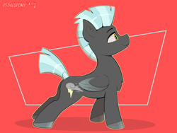 Size: 4000x3000 | Tagged: safe, artist:pedalspony, imported from derpibooru, thunderlane, pegasus, pony, abstract background, butt, chest fluff, colored hooves, concave belly, folded wings, hooves, looking up, male, plot, red background, side view, signature, simple background, smiling, solo, stallion, standing, wings