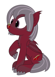 Size: 1437x2000 | Tagged: safe, artist:mrkm, imported from derpibooru, oc, oc:cherry night, bat pony, pony, :o, bat pony oc, bat wings, cherry, cross-eyed, female, folded wings, food, food on face, fruit, full body, looking at something, mare, open mouth, raised hoof, simple background, sitting, solo, transparent background, unshorn fetlocks, wings