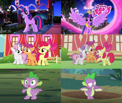 Size: 2506x2115 | Tagged: safe, editor:incredibubbleirishguy, imported from derpibooru, screencap, apple bloom, scootaloo, spike, sweetie belle, twilight sparkle, alicorn, dragon, earth pony, pegasus, unicorn, crusaders of the lost mark, magical mystery cure, molt down, season 3, season 5, season 8, spike at your service, apple bloom's cutie mark, comparison, compilation, cutie mark crusaders, female, filly, male, scootaloo's cutie mark, sweetie belle's cutie mark, the cmc's cutie marks, then and now, twilight sparkle (alicorn), unicorn twilight, winged spike, wings