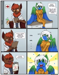 Size: 2802x3572 | Tagged: safe, artist:zackwhitefang, imported from derpibooru, oc, oc only, oc:rowena, oc:zack whitefang, anthro, bat, pegasus, unguligrade anthro, bat wings, bedroom eyes, breasts, clipboard, clothes, comic, dialogue, digital art, duo, eyes closed, female, furry, furry oc, happy, lab coat, male, open mouth, scp, sitting, speech bubble, spread wings, suit, talking, text, wings, worried