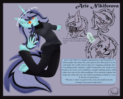Size: 3000x2400 | Tagged: safe, artist:asiandra dash, imported from derpibooru, oc, oc only, oc:arie nikiforova, anthro, unguligrade anthro, unicorn, arm band, arrow, belt, clothes, description, ear piercing, earring, facial markings, fangs, female, gritted teeth, jewelry, looking at you, mask, nail polish, nails, open mouth, pants, piercing, reference sheet, ring, scarf, signature, simple background, solo, teeth, text, text box
