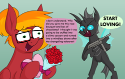 Size: 2508x1596 | Tagged: safe, alternate version, artist:moonatik, imported from derpibooru, oc, oc only, oc:moonatik, changeling, pegasus, pony, abstract background, angry, bouquet of flowers, box of chocolates, confused, dialogue, duo, flower, glasses, hair bun, male, meme, mp40, pegasus oc, ponified meme, rose, stallion