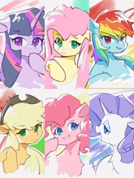Size: 1620x2160 | Tagged: safe, artist:lendftcn, imported from derpibooru, applejack, fluttershy, pinkie pie, rainbow dash, rarity, twilight sparkle, alicorn, earth pony, pegasus, pony, unicorn, bust, colored pupils, female, floppy ears, grin, hoof on chin, lidded eyes, mane six, mare, open mouth, open smile, smiling, smirk, twilight sparkle (alicorn)