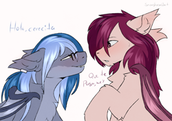 Size: 2000x1400 | Tagged: safe, artist:snowstormbat, imported from derpibooru, oc, oc only, oc:crimm harmony, oc:midnight snowstorm, bat pony, pony, blushing, dialogue, duo, flirting, gay, glasses, male, simple background, sitting, spanish, stallion