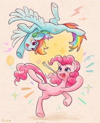 Size: 1664x2048 | Tagged: safe, artist:千雲九枭, imported from derpibooru, pinkie pie, rainbow dash, earth pony, pegasus, pony, duo, female, flying, mare, open mouth, open smile, party horn, smiling, spread wings, wings