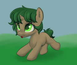 Size: 2600x2200 | Tagged: safe, artist:dumbwoofer, imported from derpibooru, oc, oc:pine shine, pony, unicorn, blank flank, chest fluff, cute, ear fluff, female, field, filly, foal, running, solo, xp