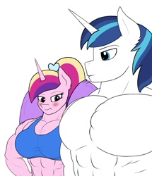 Size: 1032x1200 | Tagged: safe, artist:astrum, artist:calm wind, artist:matchstickman, edit, editor:dinoknight12, imported from derpibooru, princess cadance, shining armor, alicorn, anthro, unicorn, abs, biceps, blushing, bodybuilder, breasts, busty princess cadance, clothes, deltoids, duo, female, girl staring at guy's chest, male, mare, meme, muscles, muscular female, muscular male, pecs, princess ca-dense, simple background, stallion, swelling armor, white background