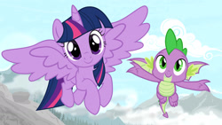 Size: 1918x1080 | Tagged: safe, artist:cloudy glow, artist:surprisepi, imported from derpibooru, spike, twilight sparkle, alicorn, dragon, pony, duo, female, flying, male, twilight sparkle (alicorn), winged spike, wings