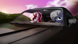 Size: 2500x1410 | Tagged: safe, artist:rainydark, imported from derpibooru, oc, oc only, pony, unicorn, ambient, car, cloud, digital art, driving, duo, horn, looking at you, looking back, looking back at you, looking up, shadow, sun, trail, unicorn oc