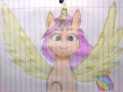 Size: 3224x2416 | Tagged: safe, artist:dust, derpibooru exclusive, imported from derpibooru, sunny starscout, alicorn, pony, colored, colored pencil drawing, female, g5, lined paper, mane stripe sunny, pencil drawing, race swap, smiling, solo, sunnycorn, traditional art