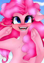 Size: 1200x1700 | Tagged: safe, artist:mynameislele, imported from derpibooru, pinkie pie, earth pony, pony, female, floppy ears, frog (hoof), hoofbutt, mare, smiling, solo, underhoof