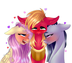Size: 1700x1500 | Tagged: safe, artist:mynameislele, imported from derpibooru, big macintosh, fluttershy, marble pie, earth pony, pegasus, pony, big macintosh gets all the mares, blushing, female, floating heart, floppy ears, fluttermac, fluttermarblemac, heart, heart eyes, male, marblemac, nuzzling, shipping, simple background, straight, transparent background, trio, wingding eyes