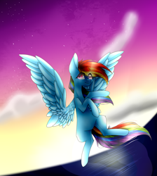 Size: 1700x1900 | Tagged: safe, artist:mynameislele, imported from derpibooru, rainbow dash, pegasus, pony, eye clipping through hair, partially open wings, solo, sunset, wings