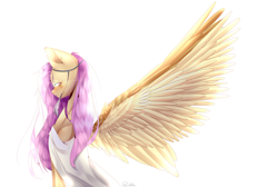 Size: 5000x3350 | Tagged: safe, artist:mynameislele, imported from derpibooru, fluttershy, pegasus, pony, clothes, profile, simple background, solo, spread wings, white background, wings