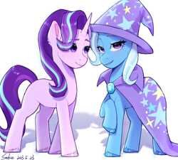 Size: 2000x1800 | Tagged: safe, artist:xiaowu07, imported from derpibooru, starlight glimmer, trixie, pony, unicorn, cape, clothes, cute, duo, duo female, eyeshadow, female, g4, hat, looking at someone, looking at you, makeup, mare, raised hoof, signature, simple background, smiling, trixie's cape, trixie's hat, white background