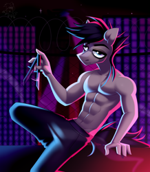 Size: 3000x3440 | Tagged: safe, artist:rtootb, imported from derpibooru, oc, oc only, oc:dream poet, anthro, earth pony, plantigrade anthro, abs, art trade, black hair, blue eyes, closed mouth, clothes, cool, dark background, digital art, earth pony oc, knife, looking at you, male, muscles, muscular male, nudity, pants, partial nudity, pecs, shading, simple background, solo, stallion, unamused