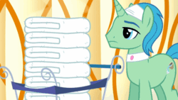 Size: 640x360 | Tagged: safe, imported from derpibooru, screencap, birch bucket, daisy, flower wishes, spoiled rich, earth pony, pony, unicorn, applejack's "day" off, animated, female, male, mare, stallion, towel, towel on head, unamused