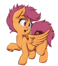 Size: 516x582 | Tagged: safe, artist:mallegos, imported from derpibooru, scootaloo, pegasus, pony, female, filly, foal, frog (hoof), open mouth, open smile, partially open wings, raised hoof, simple background, smiling, solo, transparent background, underhoof, wings