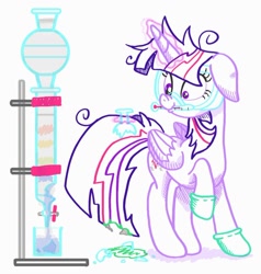 Size: 1200x1261 | Tagged: artist needed, safe, imported from derpibooru, twilight sparkle, alicorn, pony, acid, chemistry, clothes, column, experiment, flask, floppy ears, gloves, goggles, latex, latex gloves, messy hair, messy mane, simple background, solo, thermometer, twilight sparkle (alicorn), white background