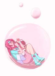 Size: 758x1055 | Tagged: safe, artist:takzuame, imported from derpibooru, pinkie pie, earth pony, equestria girls, bubble, clothes, cute, diapinkes, female, in bubble, pinkie pie trapped in a bubble, skirt, sleeping, soap bubble