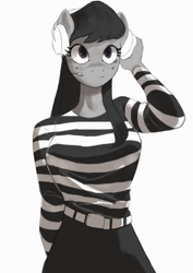 Size: 628x887 | Tagged: safe, artist:cadillac-dynamite, imported from derpibooru, octavia melody, anthro, earth pony, breasts, busty octavia melody, clothes, female, headphones, headset, looking up, mare, shirt, simple background, solo, striped shirt, white background
