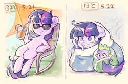 Size: 1839x1209 | Tagged: safe, artist:千雲九枭, imported from derpibooru, spike, twilight sparkle, dragon, pony, unicorn, blanket, blanket burrito, chair, cold, drink, duo, duo male and female, female, floppy ears, glass, glasses, hoof hold, magnetic hooves, male, mare, sitting, smiling, sunglasses, unicorn twilight