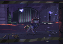 Size: 3211x2258 | Tagged: safe, artist:ciborgen, imported from derpibooru, oc, oc only, earth pony, pony, broken glass, butt, cake, camera, cap, city, crime scene, female, flat cap, food, hat, high res, looking at you, looking back, looking back at you, mare, night, plot, police tape, solo
