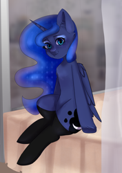 Size: 2508x3541 | Tagged: safe, artist:etter, imported from derpibooru, princess luna, alicorn, pony, chest fluff, clothes, female, horn, looking at you, mare, sitting, socks, solo, stockings, thigh highs, wings