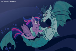 Size: 1280x871 | Tagged: safe, artist:sketch-shepherd, imported from derpibooru, sonata dusk, twilight sparkle, alicorn, seapony (g4), siren, blue background, bubble, digital art, dorsal fin, eyelashes, female, fin, fin wings, fins, fish tail, flowing mane, flowing tail, gem, grin, horn, lesbian, looking at each other, looking at someone, mare, ocean, open mouth, open smile, purple eyes, scales, seaponified, seapony twilight, shipping, simple background, smiling, smiling at each other, species swap, swimming, tail, teeth, twilight sparkle (alicorn), twinata, underwater, water, wings