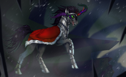 Size: 2048x1260 | Tagged: safe, alternate version, artist:crypkit, artist:tay relic, imported from derpibooru, king sombra, pony, umbrum, unicorn, fangs, high res, jewelry, male, regalia, snow, snowfall, solo, sombra eyes, stallion